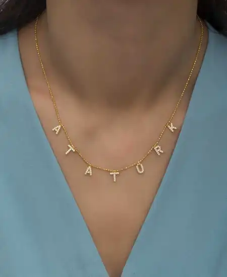 Gümüş Gold Atatürk Yazılı Bayan Kolye