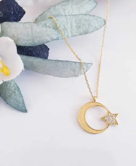 Gümüş Gold Ay Yıldız Kadın Kolye