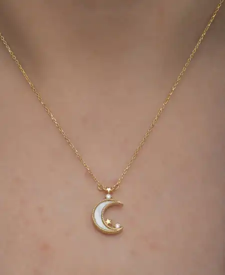 Gümüş Gold Ay Yıldız Kadın Kolye