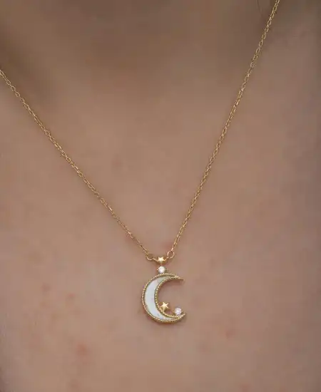 Gümüş Gold Ay Yıldız Kadın Kolye