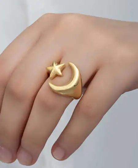 Gümüş Gold Ay Yıldız Kadın Yüzük