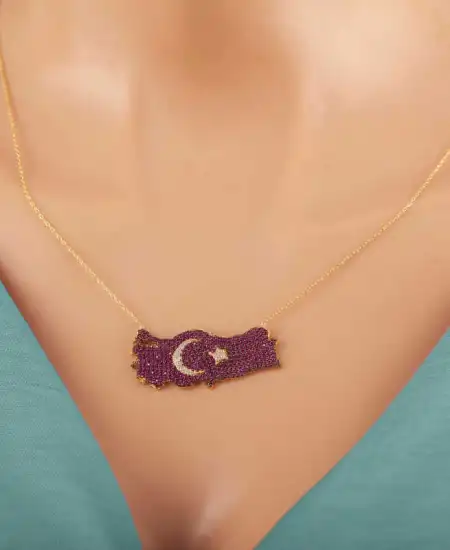 Gümüş Gold Ay Yıldız Türkiye Haritası Kadın Kolye