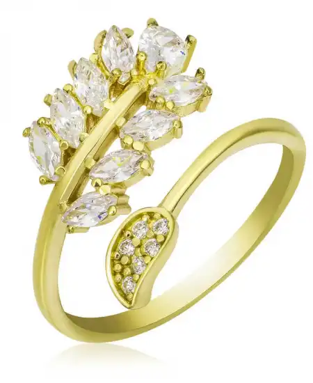 Gümüş Gold Ayarlanabilir Beyaz Taşlı Yaprak Kadın Yüzük