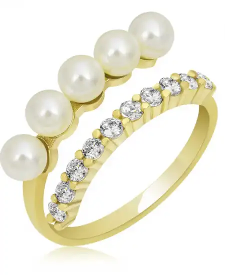 Gümüş Gold Ayarlanabilir İnci Taşlı Kadın Yüzük