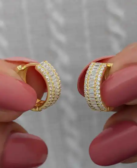 Gümüş Gold Baget Sıra Taşlı Halka Küpe