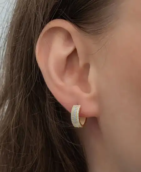 Gümüş Gold Baget Sıra Taşlı Halka Küpe