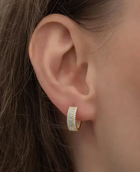 Gümüş Gold Baget Sıra Taşlı Halka Küpe