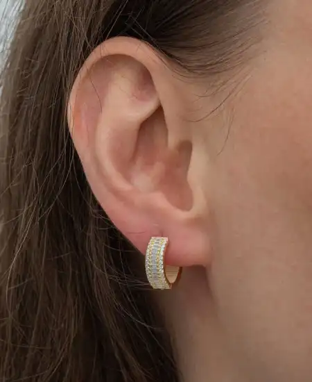 Gümüş Gold Baget Sıra Taşlı Halka Küpe