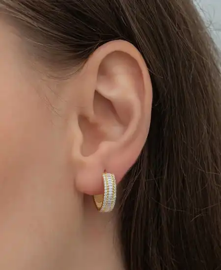 Gümüş Gold Baget Sıra Taşlı Halka Küpe