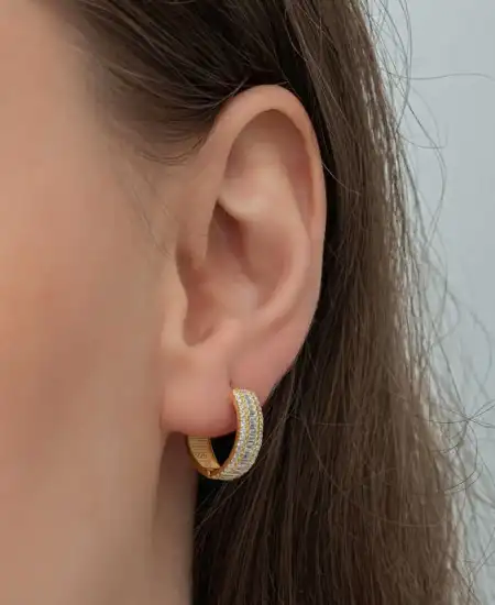 Gümüş Gold Baget Sıra Taşlı Halka Küpe
