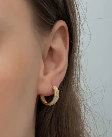 Gümüş Gold Baget Sıra Taşlı Halka Küpe