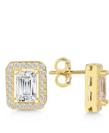 Gümüş Gold Beyaz Baget Taşlı Çivili Kadın Küpe