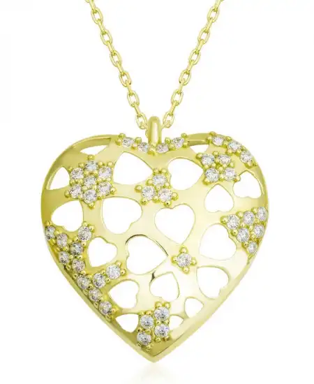 Gümüş Gold Bombeli Kalp Kadın Kolye