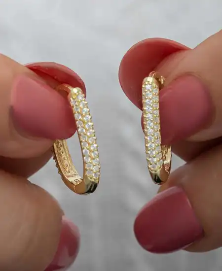 Gümüş Gold Çift Sıra Beyaz Taşlı J Kadın Küpe