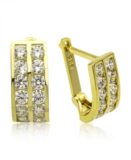 Gümüş Gold Çift Sıra Beyaz Taşlı J Kadın Küpe