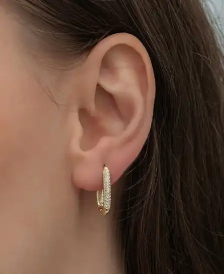 Gümüş Gold Çift Sıra Beyaz Taşlı J Kadın Küpe