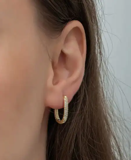 Gümüş Gold Çift Sıra Beyaz Taşlı J Kadın Küpe