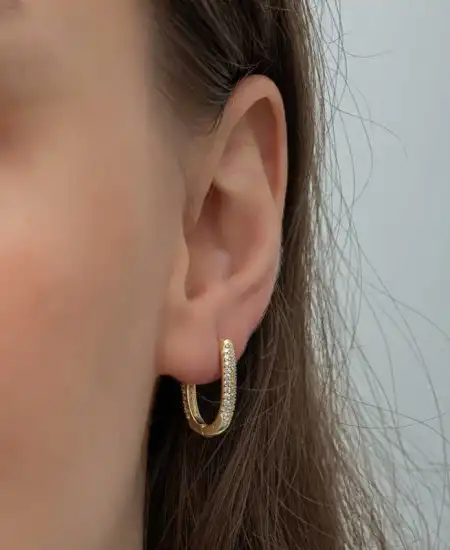 Gümüş Gold Çift Sıra Beyaz Taşlı J Kadın Küpe