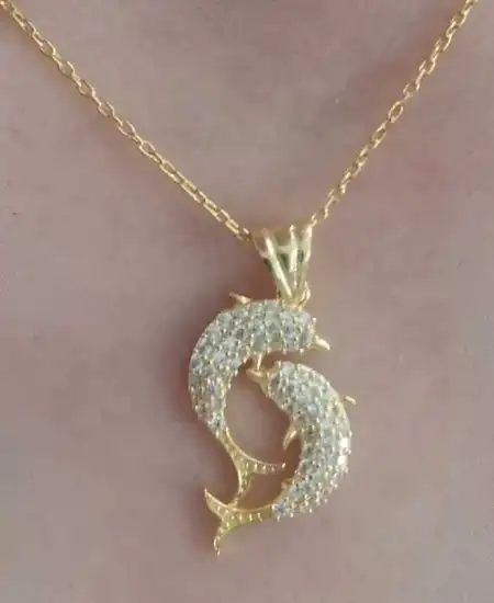 Gümüş Gold Çift Yunus Balığı Kadın Kolye