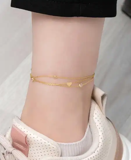 Gümüş Gold Çift Zincirli Kalp Zirkon Taşlı Halhal