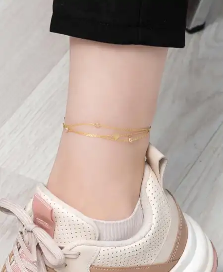 Gümüş Gold Çift Zincirli Kalp Zirkon Taşlı Halhal