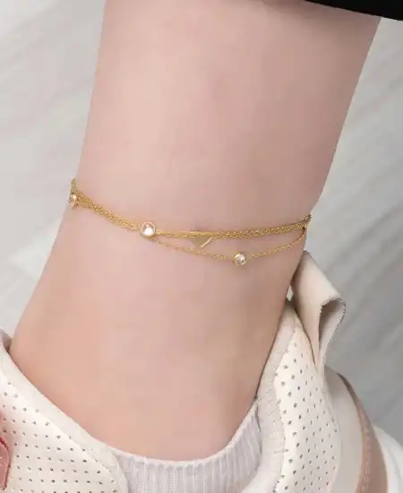 Gümüş Gold Çift Zincirli Kalp Zirkon Taşlı Halhal