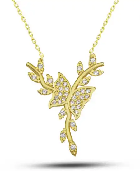 Gümüş Gold Daldaki Kelebek Kadın Kolye