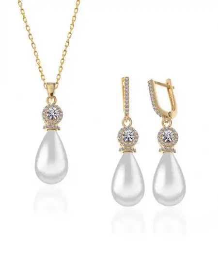 Gümüş Gold Damla İnci Kadın Set