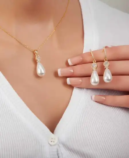 Gümüş Gold Damla İnci Kadın Set