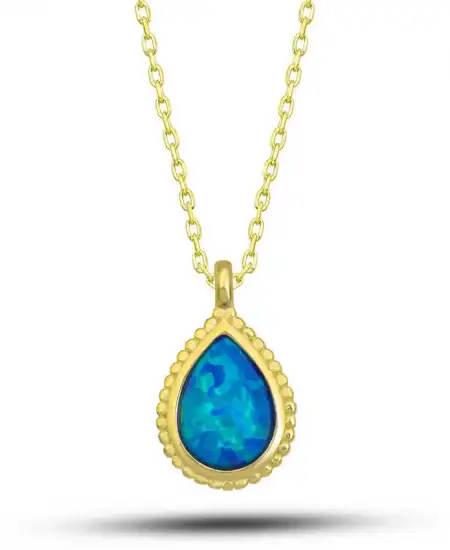 Gümüş Gold Damla Mavi Opal Taşlı Kadın Kolye