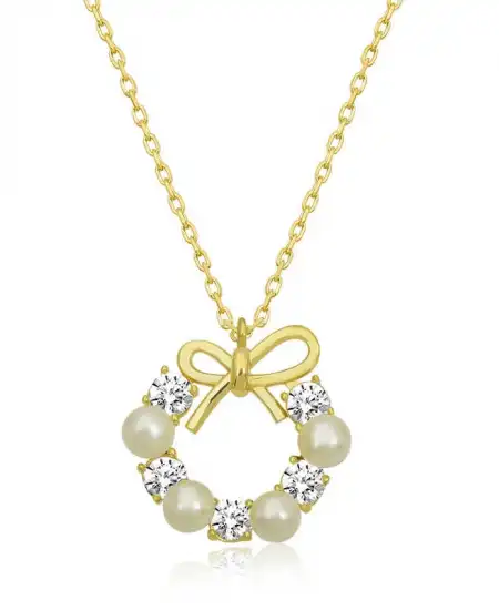 Gümüş Gold İnci Kurdele Kadın Kolye