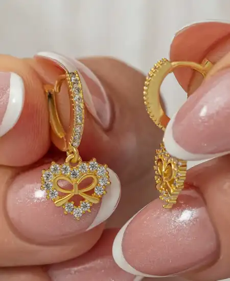 Gümüş Gold Kalp Kurdele Sallantılı Kadın Küpe