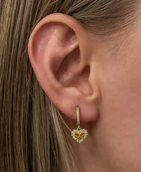 Gümüş Gold Kalp Kurdele Sallantılı Kadın Küpe