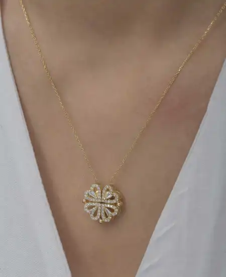 Gümüş Gold Kalpli Açılabilen Yonca Kadın Kolye