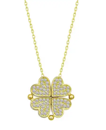 Gümüş Gold Kalpli Açılabilen Yonca Kadın Kolye