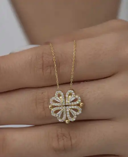 Gümüş Gold Kalpli Açılabilen Yonca Kadın Kolye
