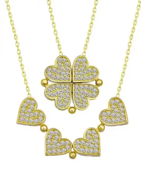 Gümüş Gold Kalpli Açılabilen Yonca Kadın Kolye