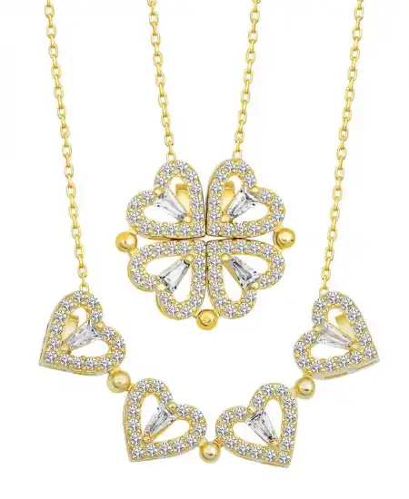 Gümüş Gold Kalpli Açılabilen Yonca Kadın Kolye