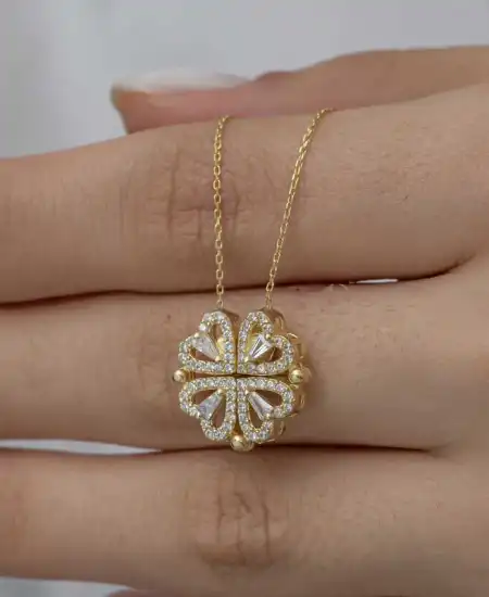 Gümüş Gold Kalpli Açılabilen Yonca Kadın Kolye