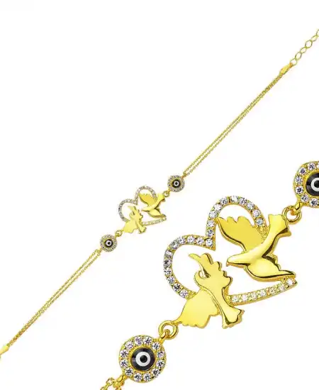 Gümüş Gold Kalpli Güvercin Bayan Bileklik