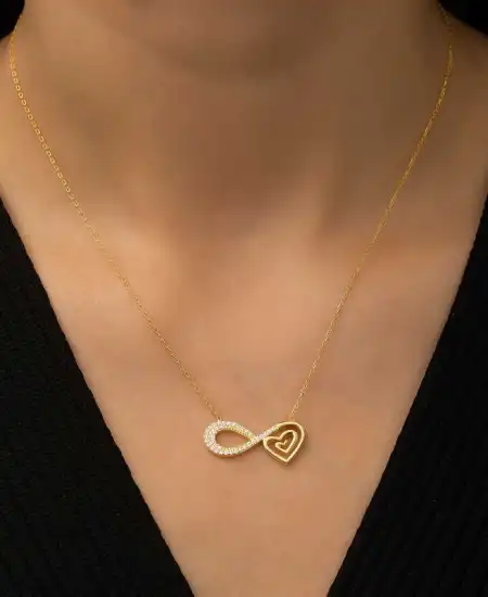 Gümüş Gold Kalpli Sonsuzluk Kolye