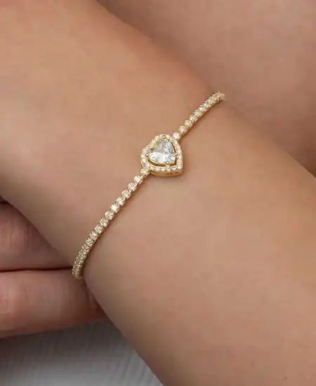 Gümüş Gold Kalpli Su Yolu Bileklik