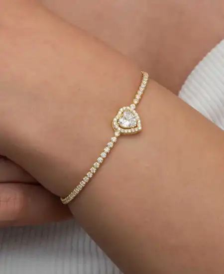 Gümüş Gold Kalpli Su Yolu Bileklik