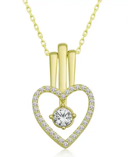 Gümüş Gold Kalpli Tek Taş Kadın Kolye