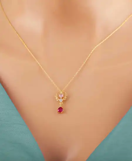 Gümüş Gold Kalpli Tek Taş Kadın Kolye