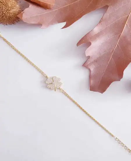 Gümüş Gold Kalpli Yonca Kadın Bileklik