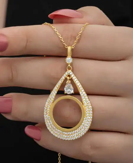 Gümüş Gold Kaplama Damla Çeyrek Takılabilen Kadın Kolye