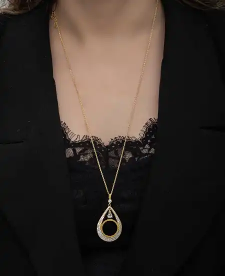 Gümüş Gold Kaplama Damla Çeyrek Takılabilen Kadın Kolye