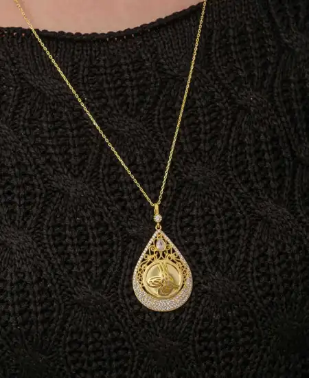 Gümüş Gold Kaplama Damla Tuğralı Kadın Kolye