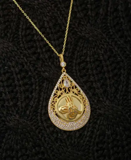Gümüş Gold Kaplama Damla Tuğralı Kadın Kolye